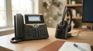 IP desk phone and wireless headset on an office desk