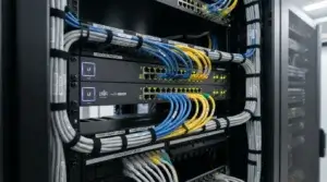 Organized network switch and patch panel in a business server rack