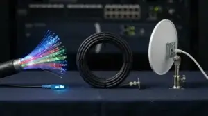 Fiber optic strands, coaxial cable and a fixed wireless antenna side by side