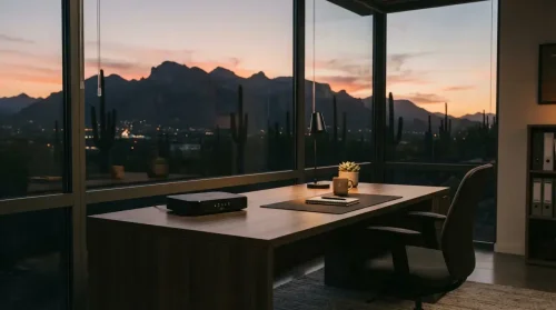 Business router on an office desk with a view of the Santa Catalina Mountains
