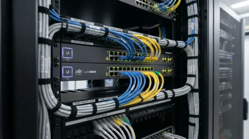 Organized network switch and patch panel in a business server rack