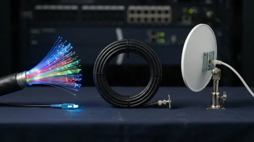 Fiber optic strands, coaxial cable and a fixed wireless antenna side by side